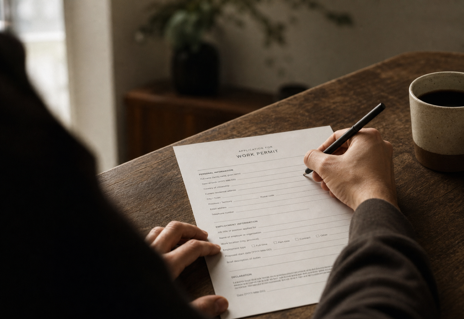 A candidate filling in a job application form at a quiet desk.