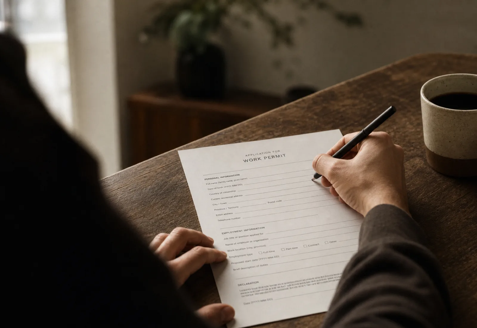 A candidate filling in a job application form at a quiet desk.