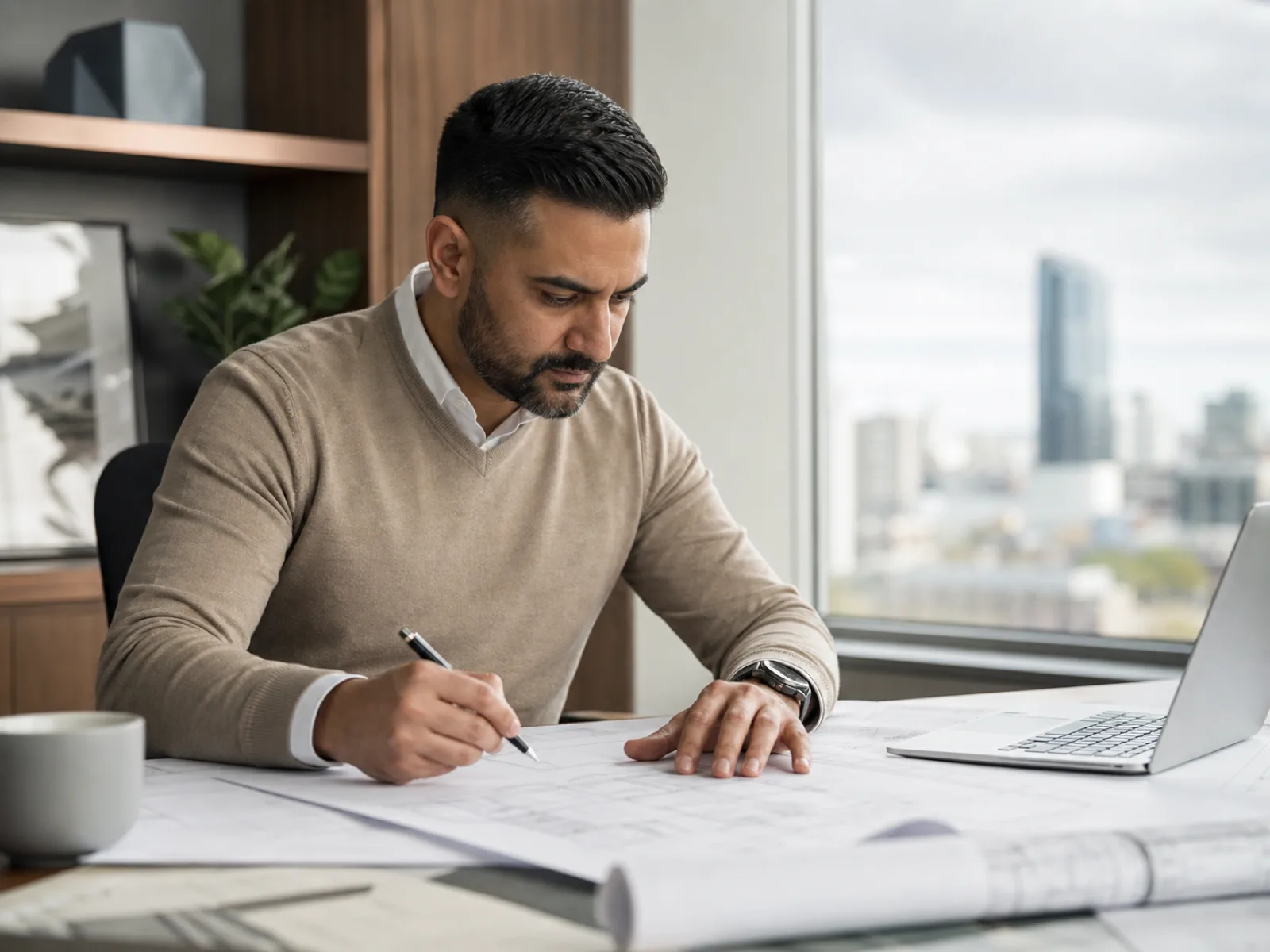 A professional reviewing technical plans in a modern Edmonton office in 2026