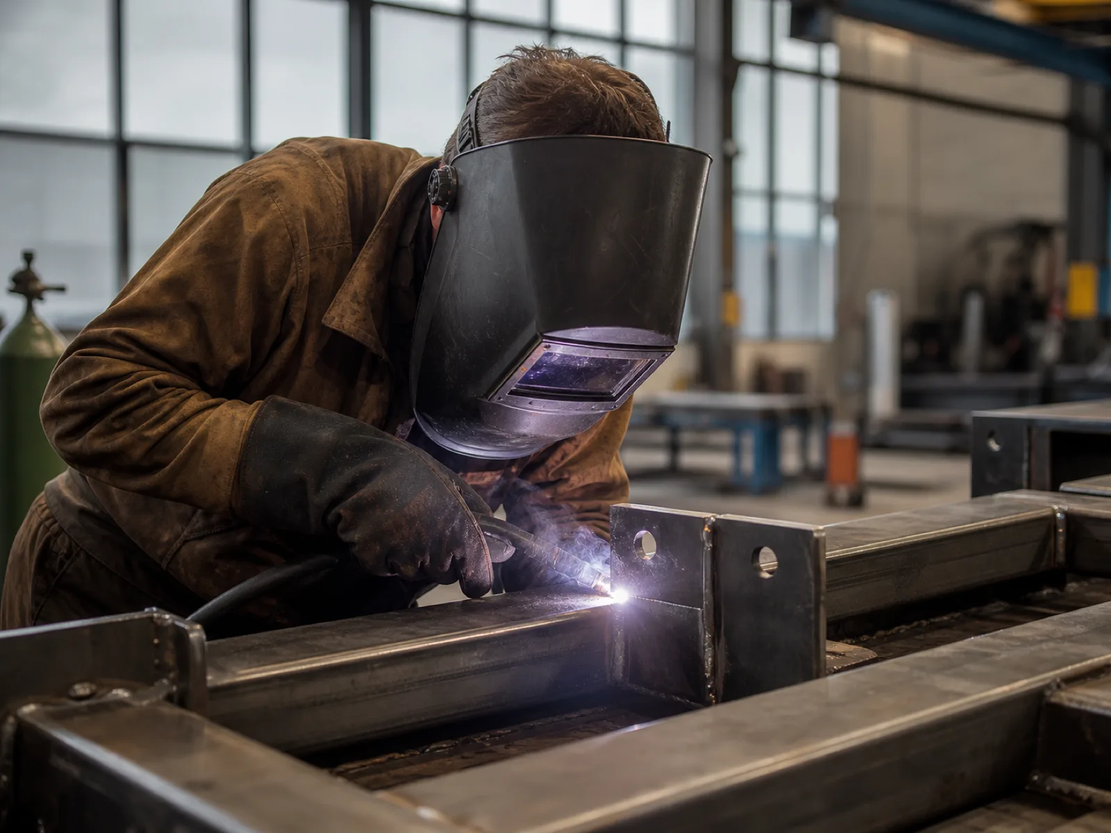 A skilled welder working in a modern Edmonton fabrication shop in 2026