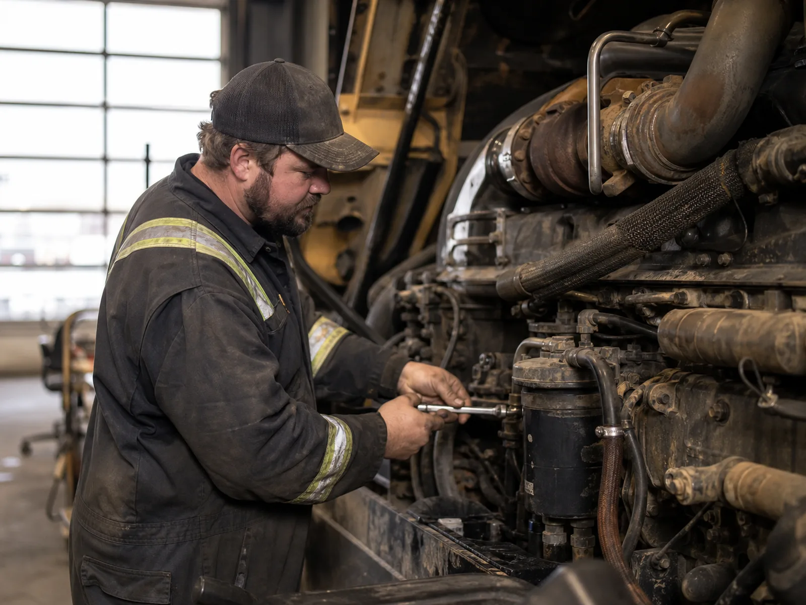 A heavy-duty equipment technician servicing machinery in a modern Alberta workshop in 2026