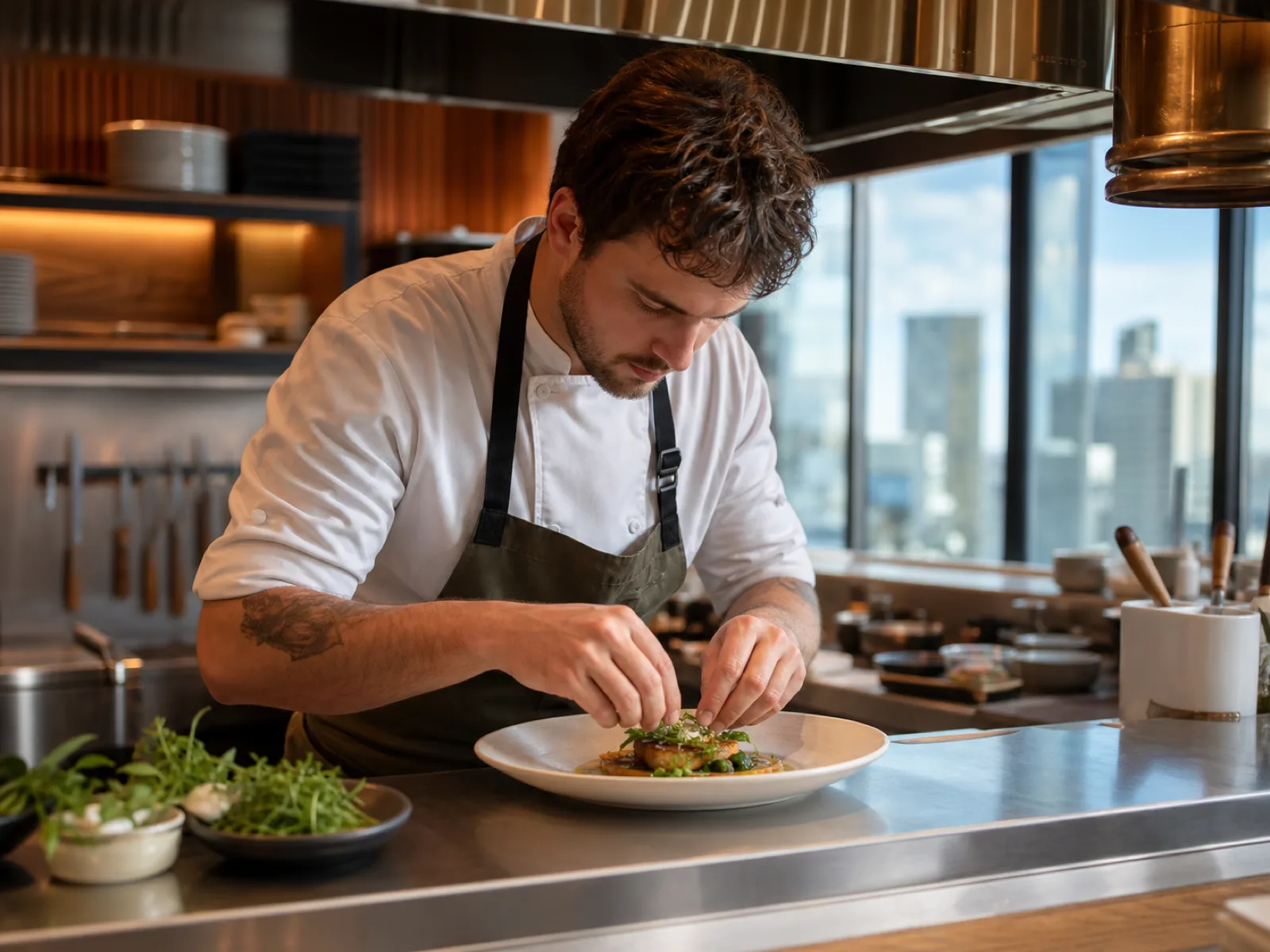 A French-speaking line cook plating a dish in a modern Edmonton restaurant kitchen in 2026