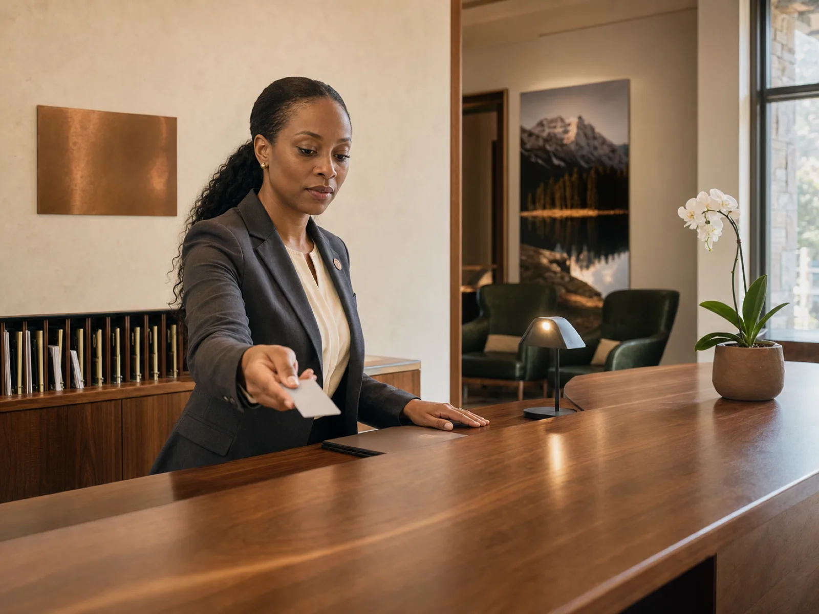 A French-speaking hospitality worker greeting guests at the front desk of a modern Edmonton hotel in 2026