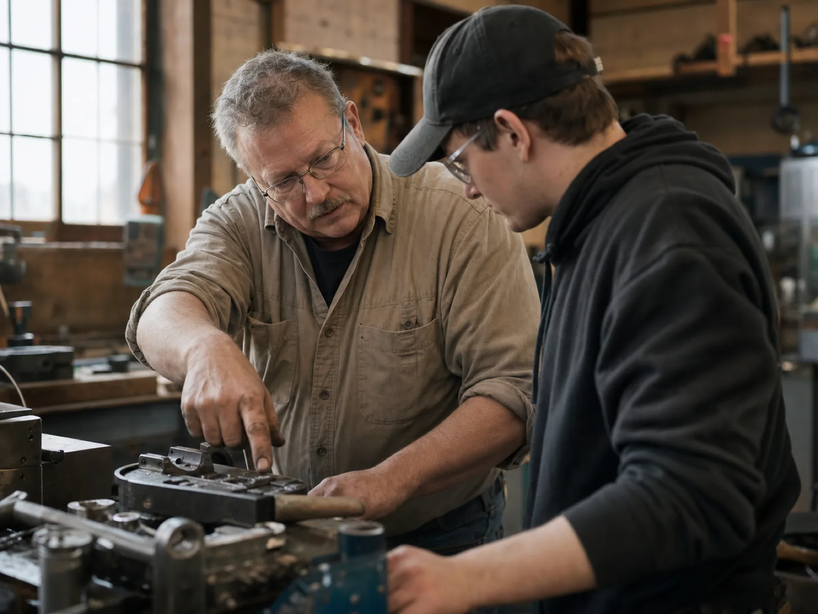 A long-tenured employee mentoring a newer colleague on a workshop floor in Edmonton in 2026