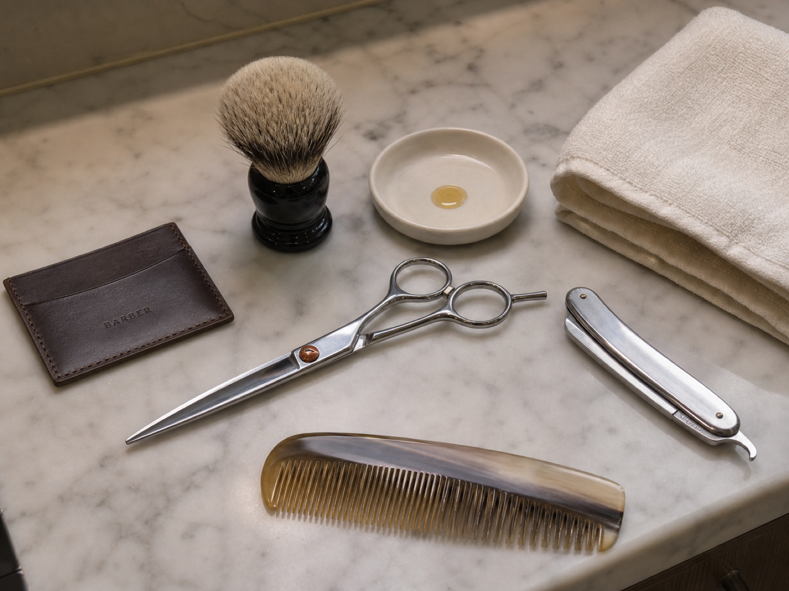 Professional barbering tools — Japanese-style shears, comb, straight razor — arranged on a marble counter
