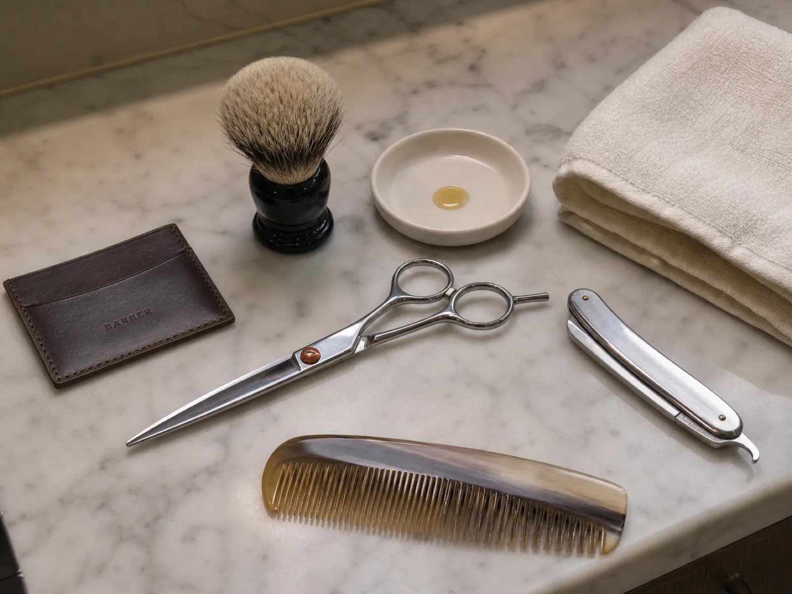 Professional barbering tools — Japanese-style shears, comb, straight razor — arranged on a marble counter