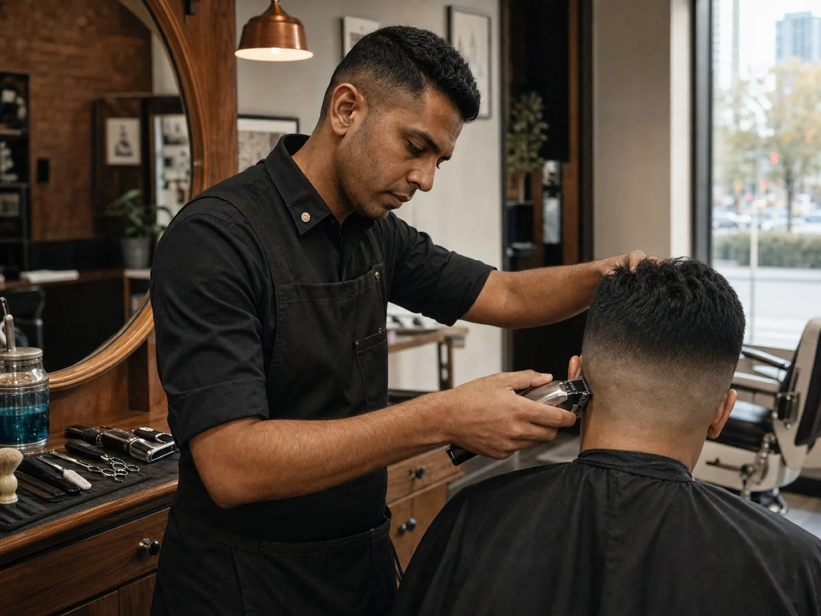 A South Asian Canadian barber giving a precise fade haircut at a modern Edmonton barbershop in 2026