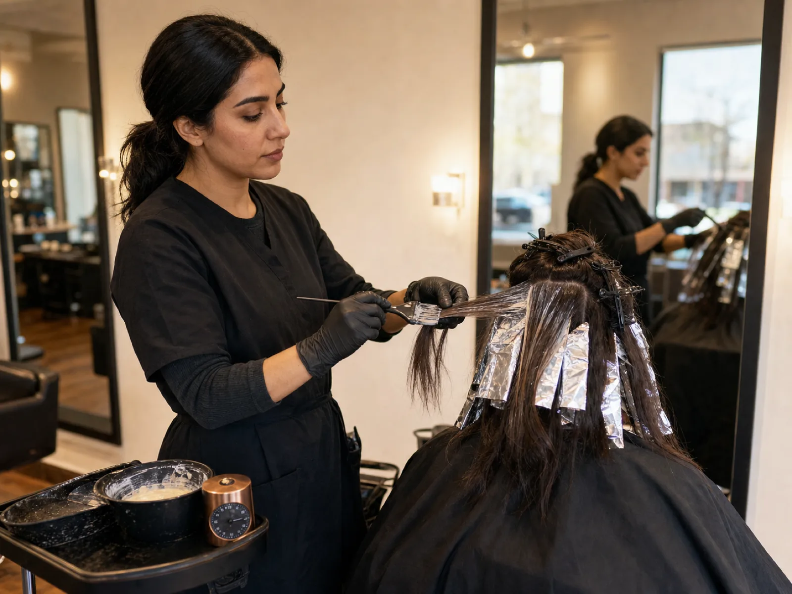 A Canadian hair colourist applying colour to a client at a modern Edmonton salon in 2026