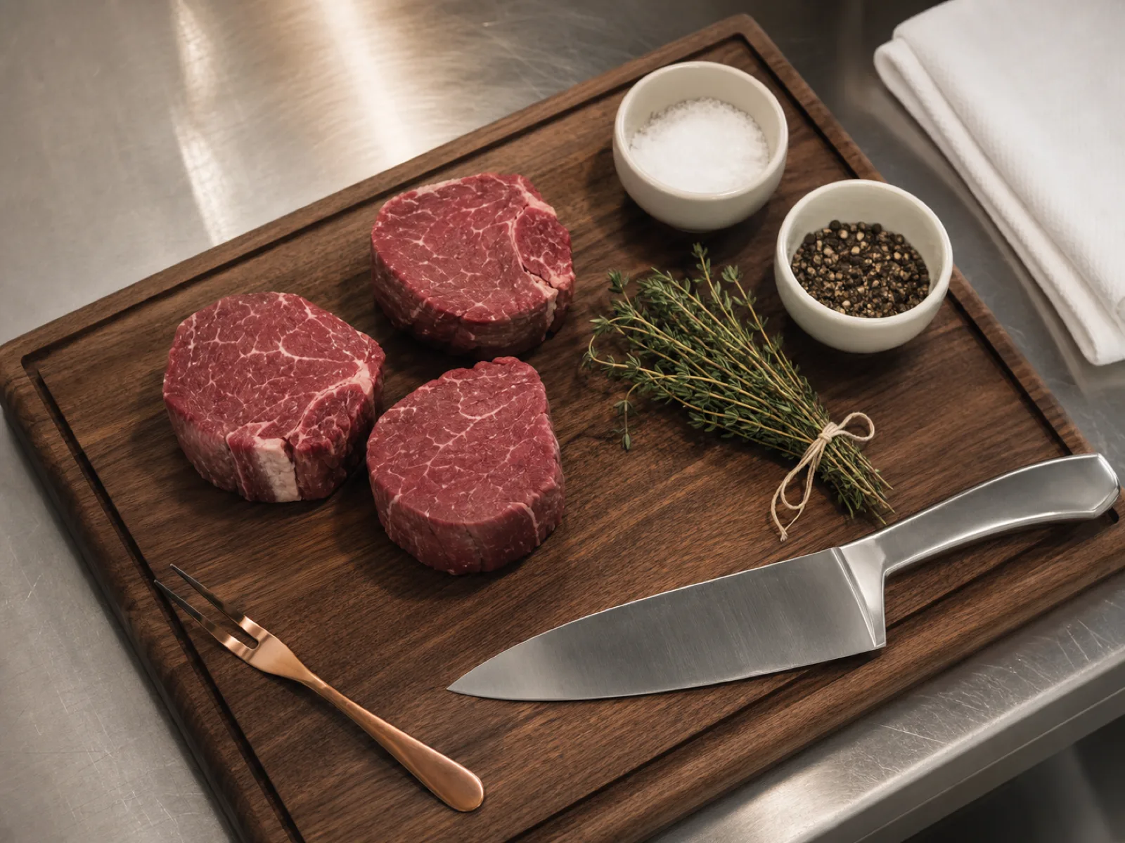 A Canadian restaurant prep station with portioned beef, fresh herbs, and a chef knife arranged for service