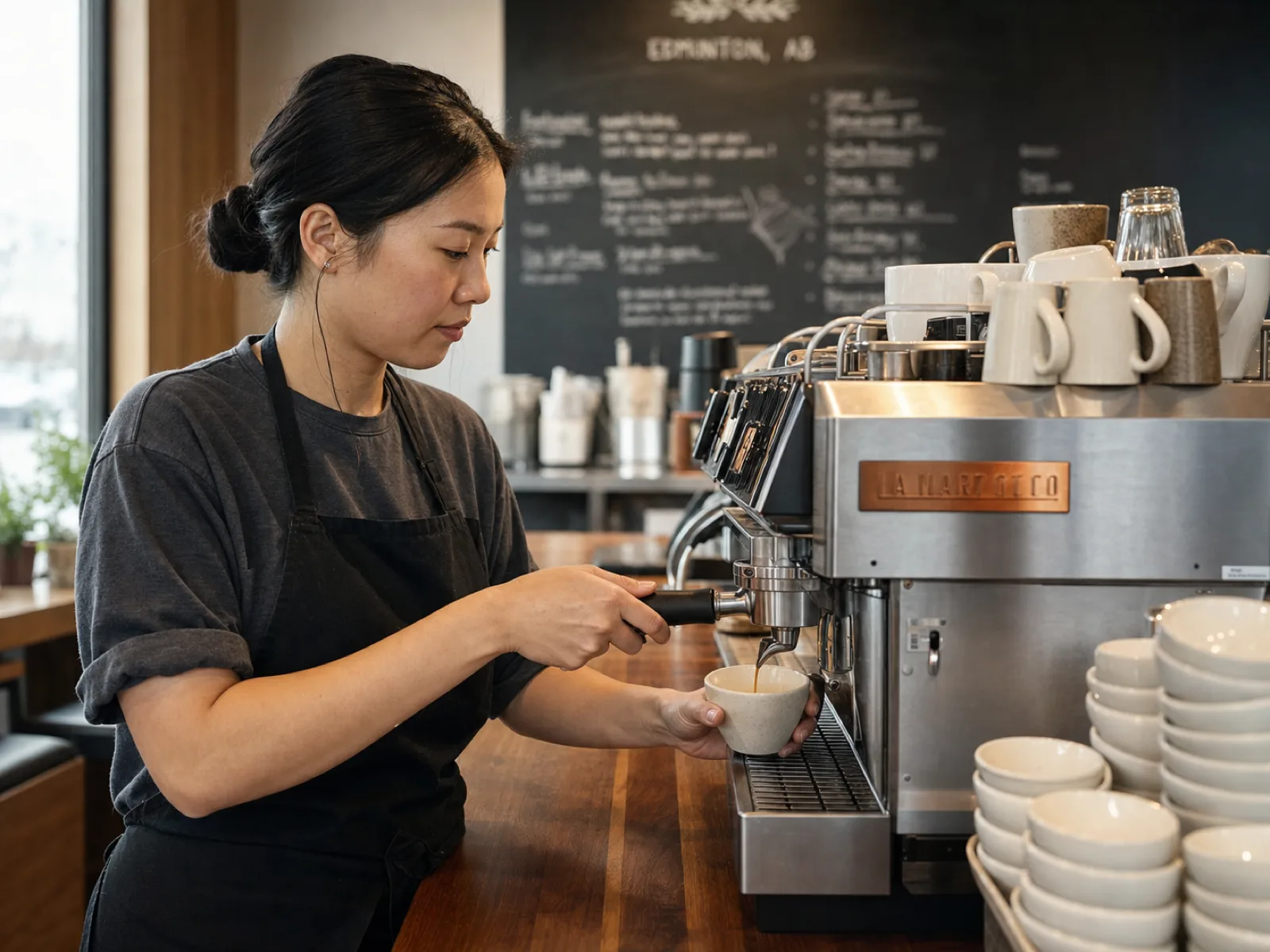 An East Asian Canadian barista pulling an espresso shot at a modern Edmonton specialty café in 2026
