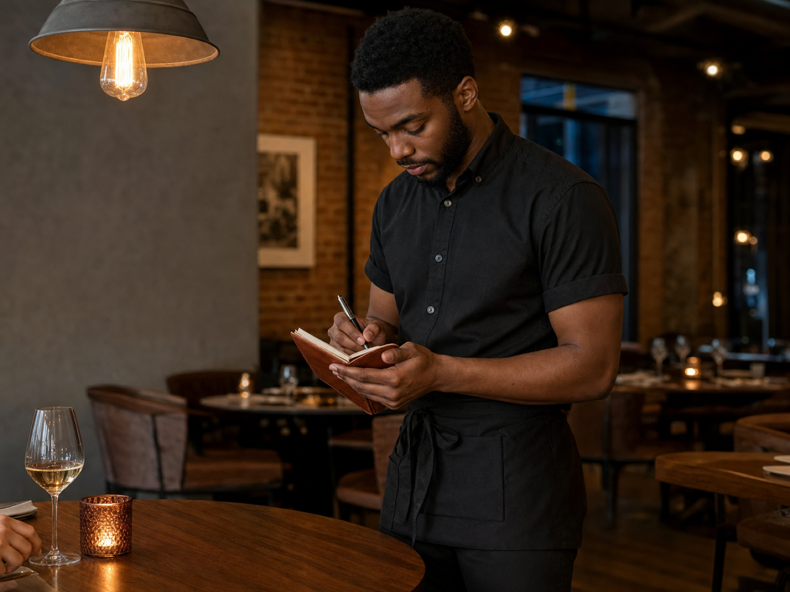 A casual-dining server taking an order at a modern Edmonton restaurant in 2026