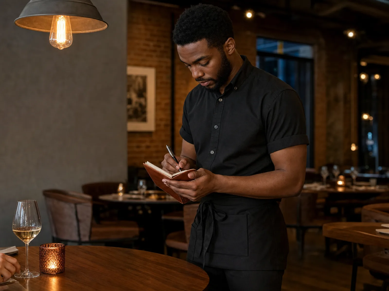 A casual-dining server taking an order at a modern Edmonton restaurant in 2026