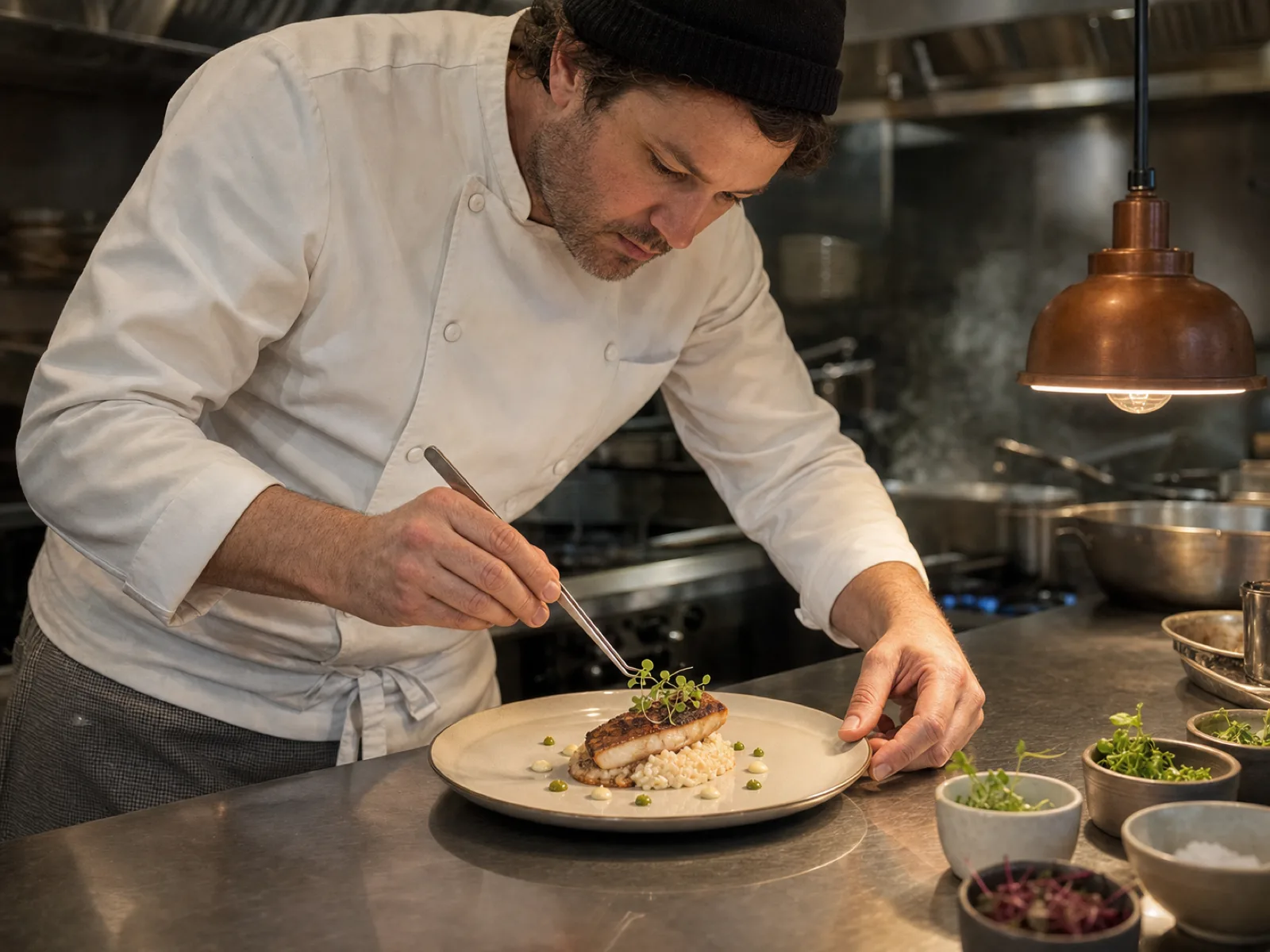 A Canadian fine-dining chef plating a dish at the pass in a modern Edmonton kitchen in 2026