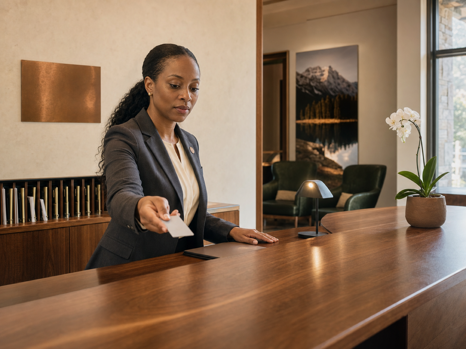 Agente de réception canadienne accueillant un invité à la réception d'un hôtel boutique moderne à Banff en 2026