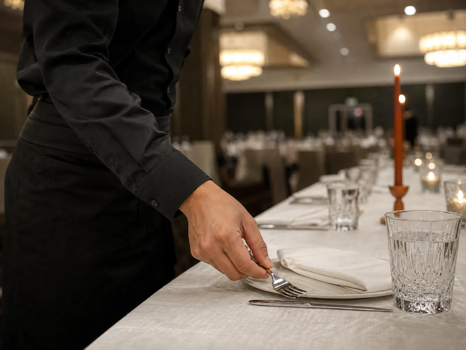 A Canadian banquet server setting a formal table in an Edmonton hotel ballroom in 2026