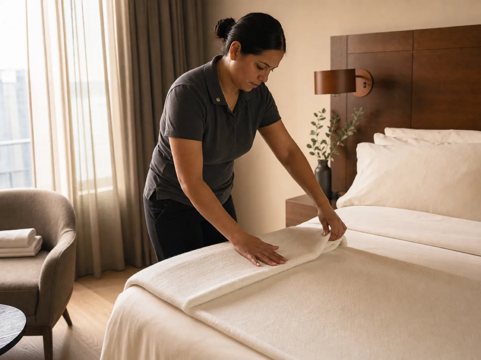 A Canadian housekeeper performing a turn-down service in a Vancouver boutique hotel guest room in 2026