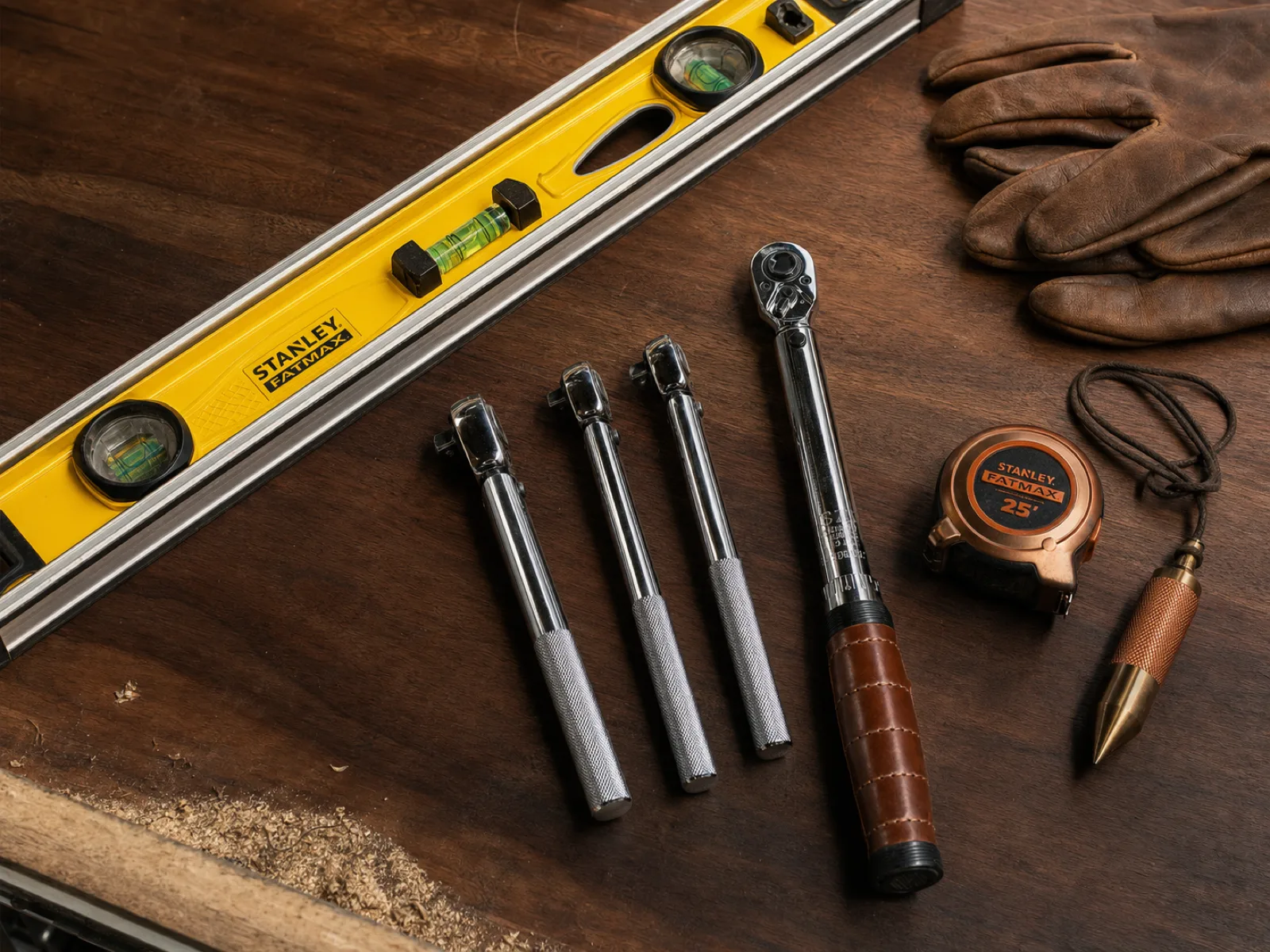 Professional skilled-trades tools — level, socket wrenches, torque wrench, tape measure — on a Calgary workbench