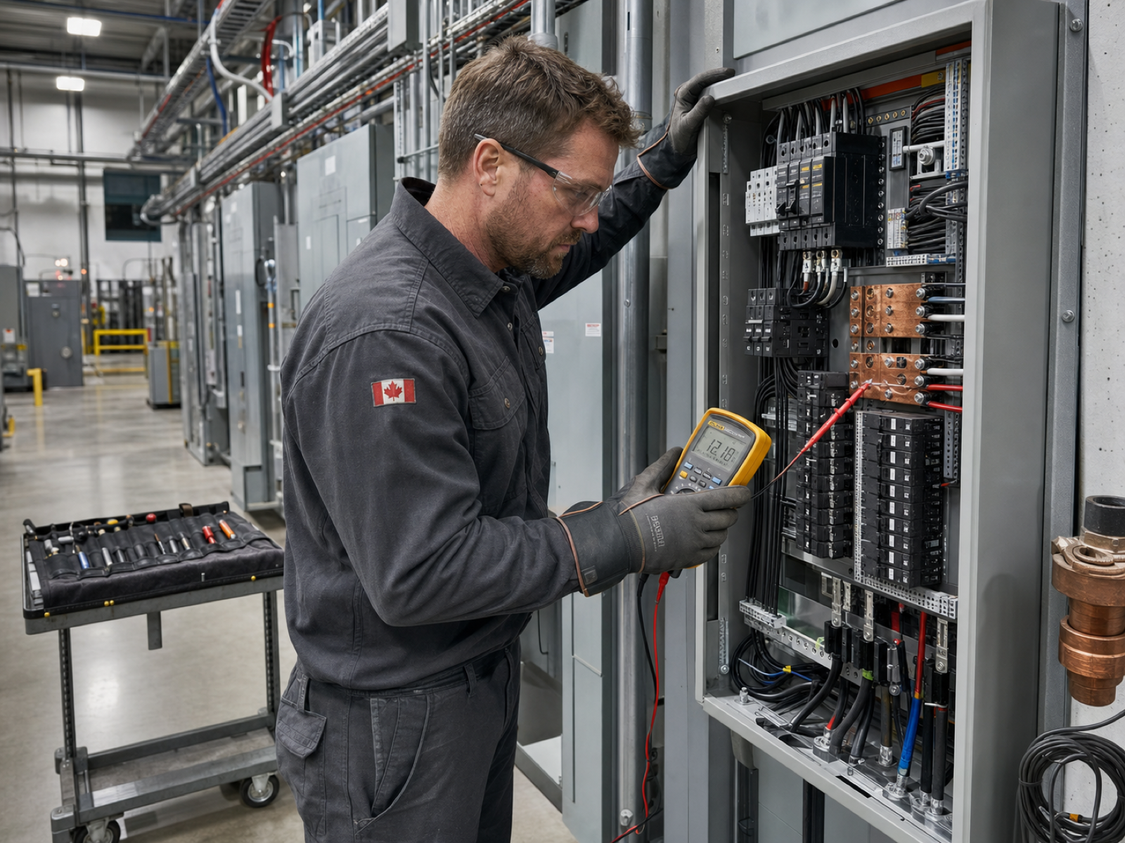 A Canadian industrial electrician testing voltage on a service panel in a modern Calgary facility in 2026