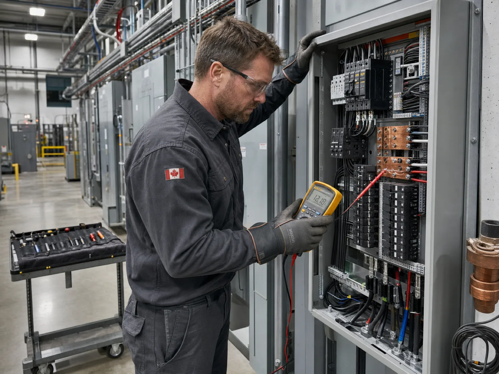 A Canadian industrial electrician testing voltage on a service panel in a modern Calgary facility in 2026