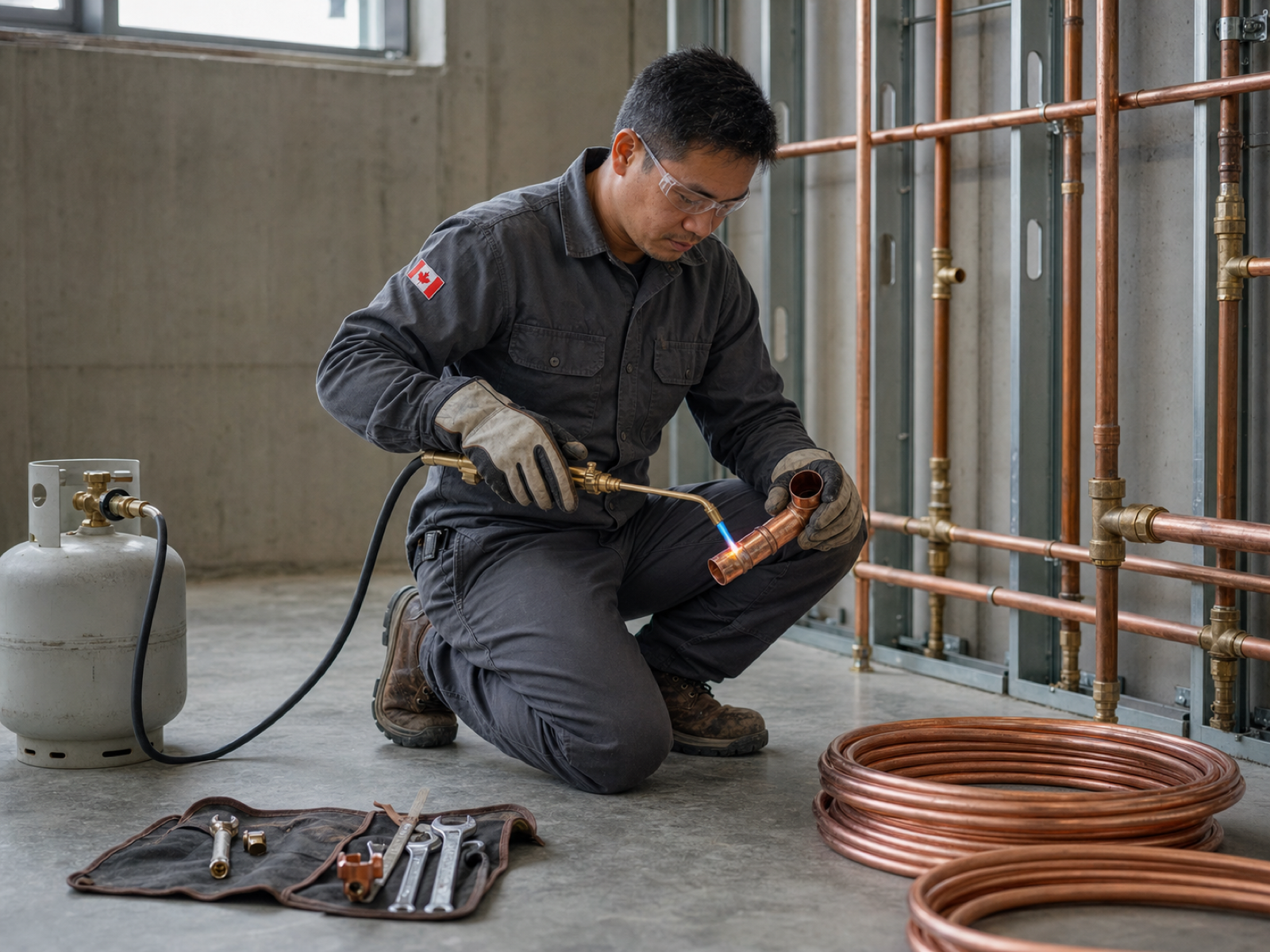 A Filipino Canadian plumber soldering copper pipe in a modern Calgary commercial installation in 2026