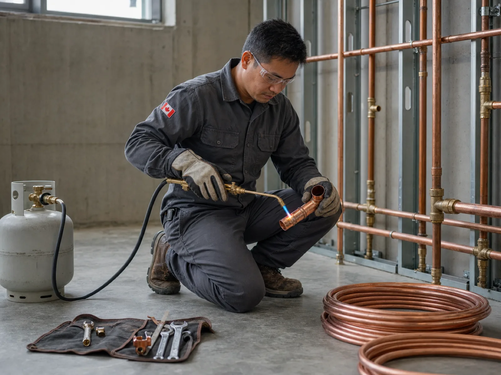 A Filipino Canadian plumber soldering copper pipe in a modern Calgary commercial installation in 2026